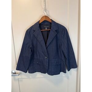 Larry Levine Women's Navy Stretch Pinstripe Blazer Jacket Preppy Academia Large